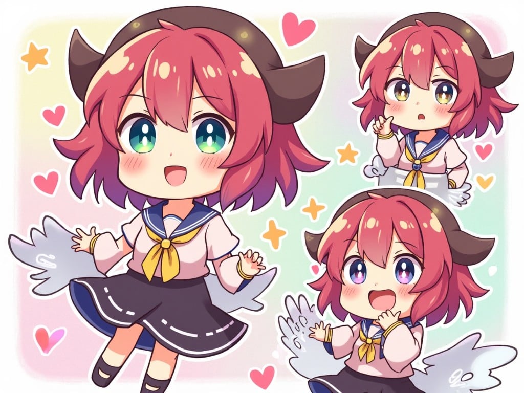 This image features an anime-style character illustrated in a chibi design, showcasing various cute and playful expressions. The character has big, sparkling eyes and vibrant pink hair, adorned with black horns, suggesting a playful and whimsical theme. She wears a sailor uniform with a yellow tie and a short skirt, contributing to her adorable appearance. The background is colorful with hearts and stars that enhance the overall cheerful vibe. This charming character could appeal to fans of anime and kawaii culture.