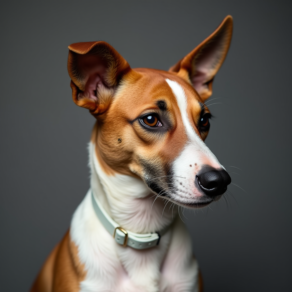 A portrait of a brown and white dog with expressive eyes and a sleek coat.