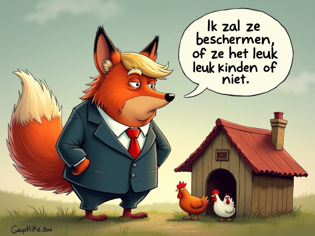 The image features a cartoon fox anthropomorphized to represent a well-known political figure. It stands confidently in a suit, exuding an air of authority. The fox is speaking to two hens outside a hen house, promising to protect them. The dialogue in Dutch humorously indicates that the fox will protect the hens whether they like it or not. This playful twist on the traditional fable highlights the juxtaposition of power and trust. The visual style is vibrant and exaggerated, enhancing the comedic effect of the scenario.