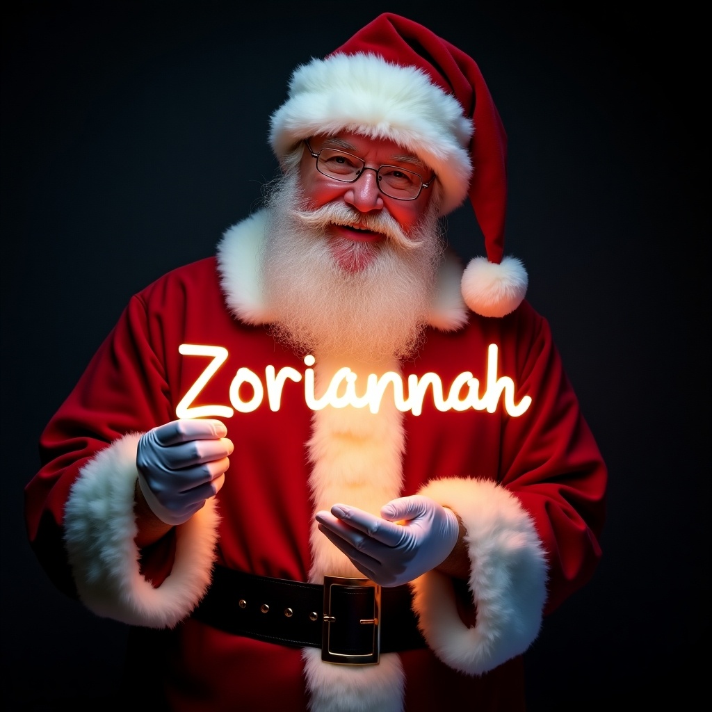 This image features Santa Claus in a traditional red and white suit, embodying the spirit of Christmas. He is joyfully holding a glow stick that illuminates the name 'Zoriannah' in bright light. Santa's cheerful expression radiates warmth and holiday cheer. The background is dark, which enhances the luminous quality of the text, creating a magical atmosphere. This festive scene perfectly encapsulates the essence of the holiday season, showcasing the joy and wonder that comes with it.