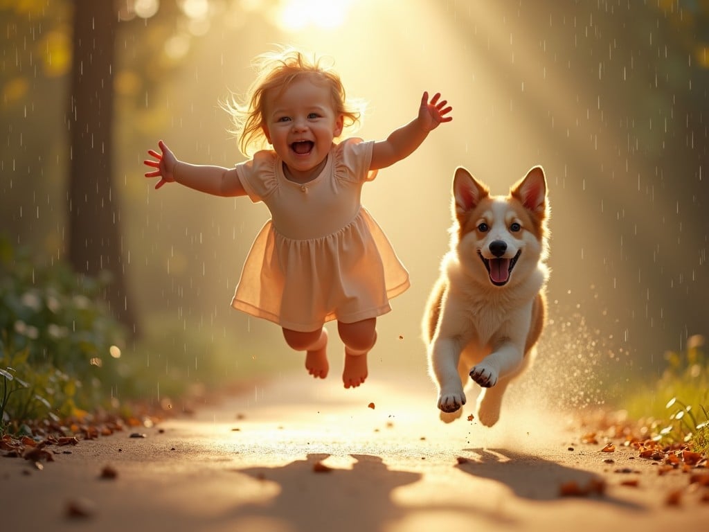 In a beautiful park setting, a baby girl and her pet dog leap joyfully into the air. The sunlight streams through the trees, creating a warm, magical atmosphere. It's drizzling lightly, enhancing the enchanting feel of the moment. The baby girl is smiling with delight, wearing a cute dress, while the fluffy dog runs beside her, both exuding happiness. The background features green leaves and autumn colors, blending nature's beauty with playful innocence.