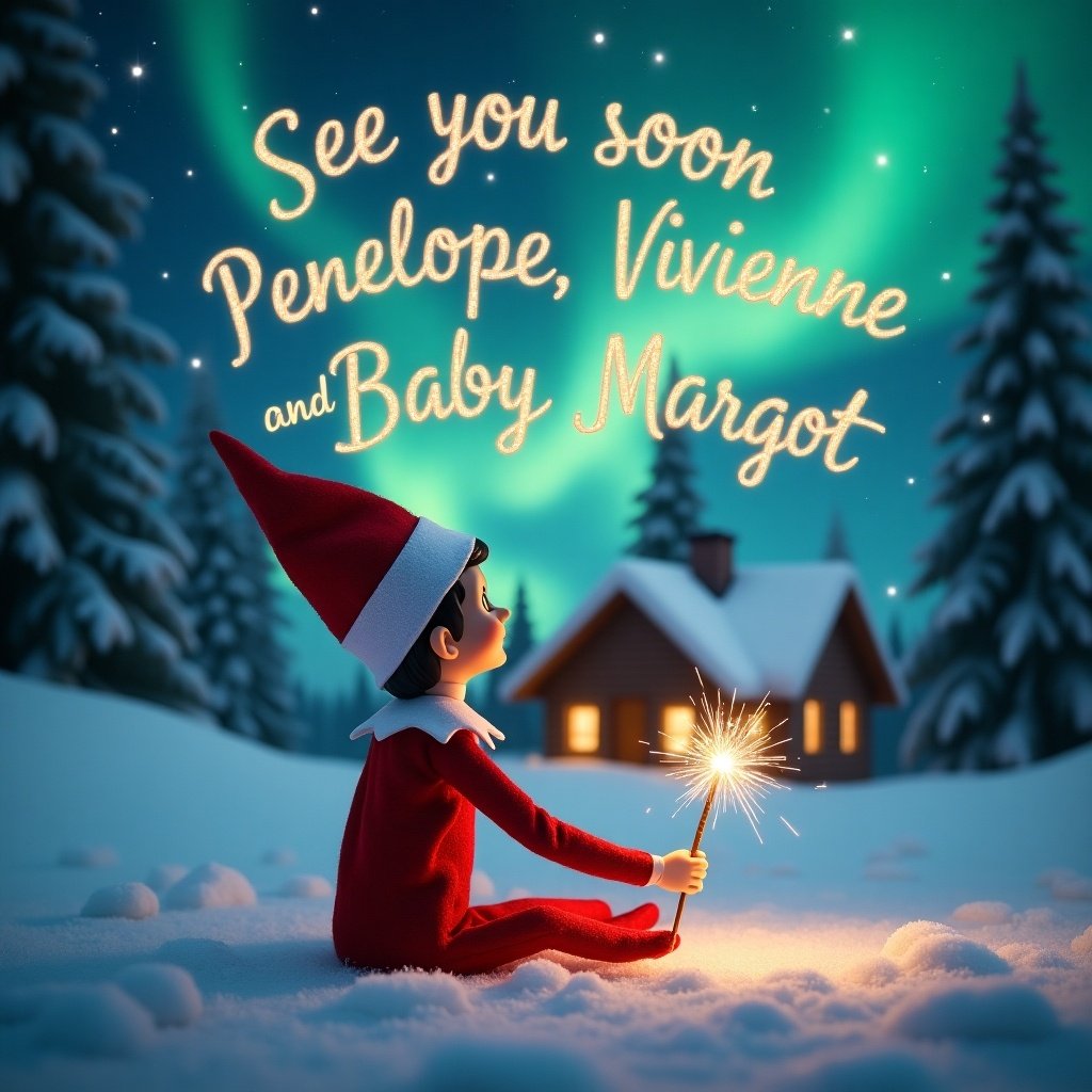 This enchanting image features an Elf on the Shelf seated on snowy ground, viewing the mesmerizing northern lights above. The elf, with a shimmering magic wand, emanates a sense of wonder and joy. Above him, the text 'See you soon Penelope, Vivienne and Baby Margot' glimmers in elegant letters, adding a personal touch to the scene. A cozy cabin is visible in the background, enhancing the warm, festive atmosphere. The entire composition captures the essence of Christmas and embodies the delightful spirit of the holiday season.