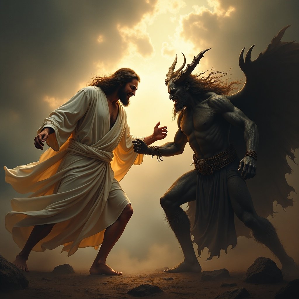 The image depicts a climactic scene between Jesus and Satan, representing a battle of good versus evil. Jesus, clothed in flowing white robes, emanates a heavenly glow. In stark contrast, Satan, portrayed with dark wings and imposing features, embodies shadow and darkness. They are reaching towards each other, suggesting a tense confrontation. The background is filled with swirling clouds, enhancing the dramatic atmosphere of the scene. This artwork captures the essence of spiritual conflict and the ongoing struggle between light and dark.