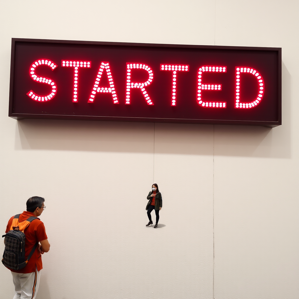 A person gazes at a large illuminated sign reading 'STARTED' while a miniature figure dangles from it.