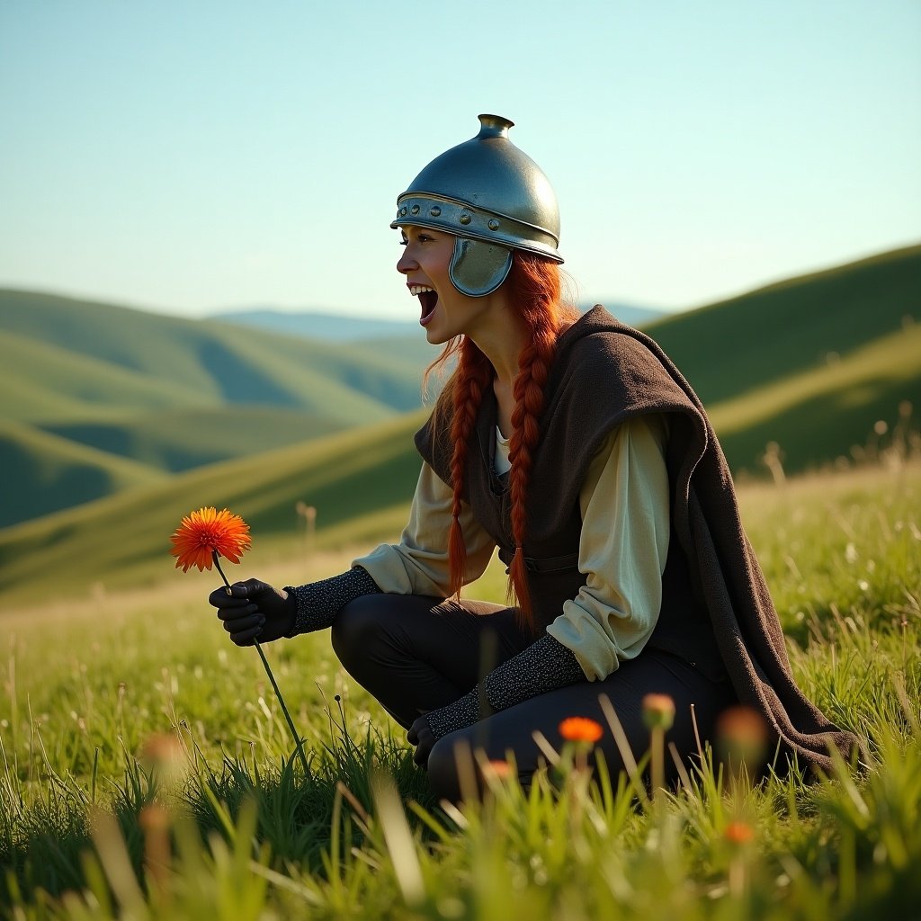 A woman dressed in medieval warrior attire kneels in a vibrant green meadow. She holds an orange flower gently while wearing a medieval-style helmet. The landscape behind her features rolling green hills under a clear blue sky. Despite her rugged attire, the scene is peaceful and serene. Her long red hair is intricately braided, and she expresses a loud yell, adding a dynamic element to the tranquil setting.