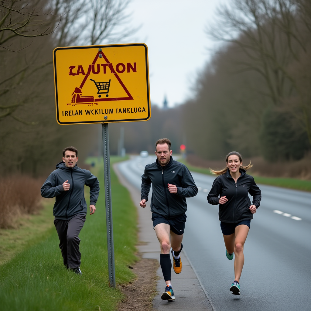 Three runners jog alongside a road near a whimsical caution sign with an unusual illustration.