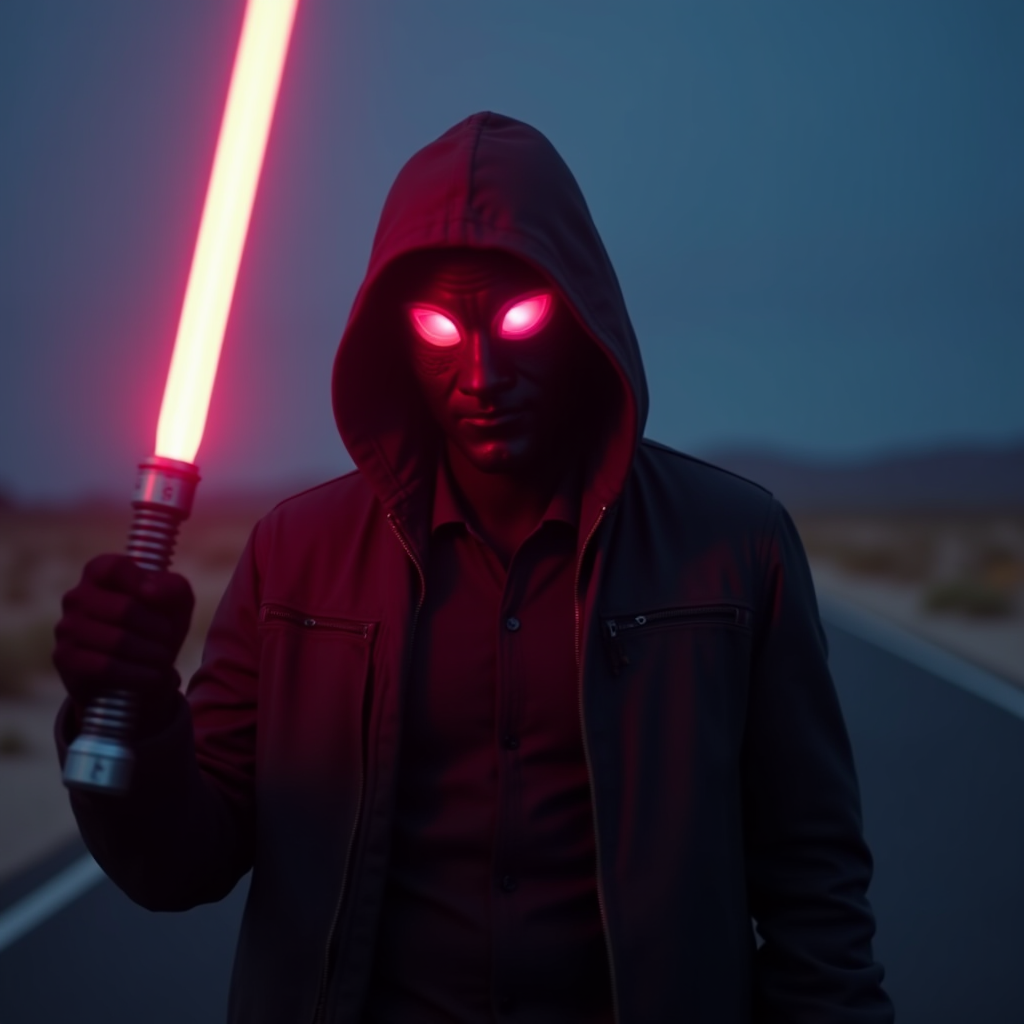 A mysterious figure with glowing eyes holds a red lightsaber on a deserted road at dusk.