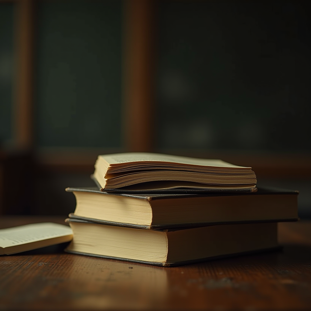 An open book rests on top of two closed books on a wooden table in a dimly lit room.