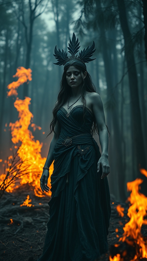 A mystical woman with a crown, wearing a dark dress, stands in a misty forest with surrounding flames.