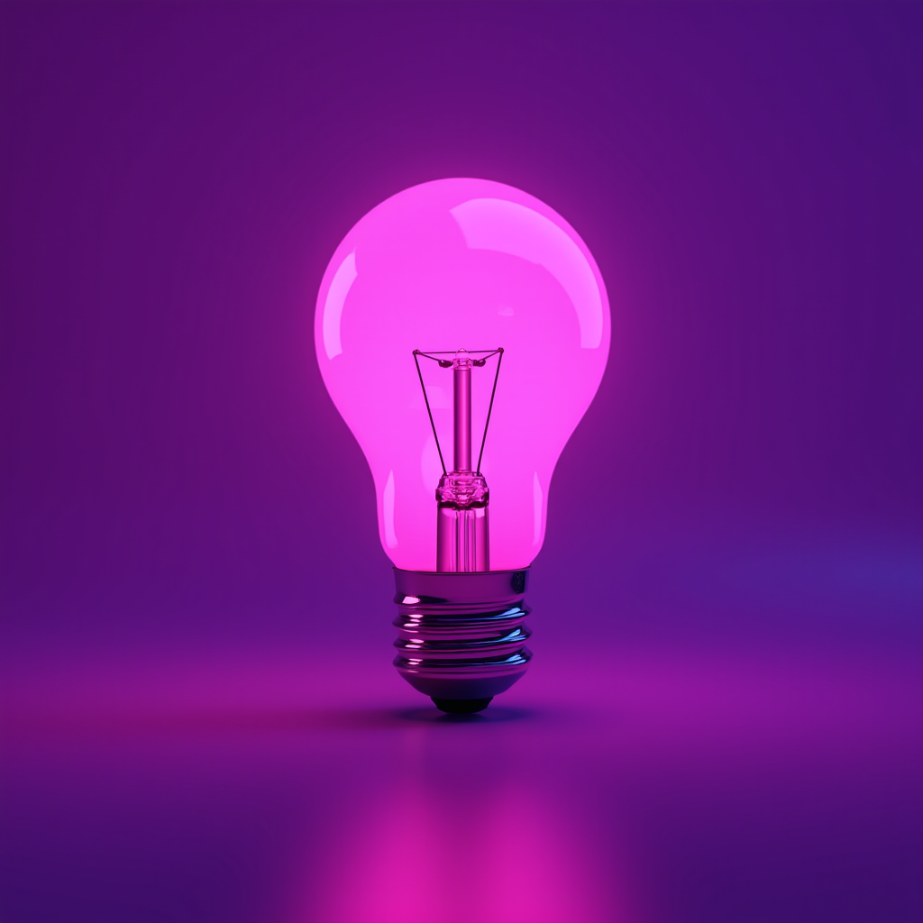 A vibrant pink light bulb glows against a smooth, gradient purple background.