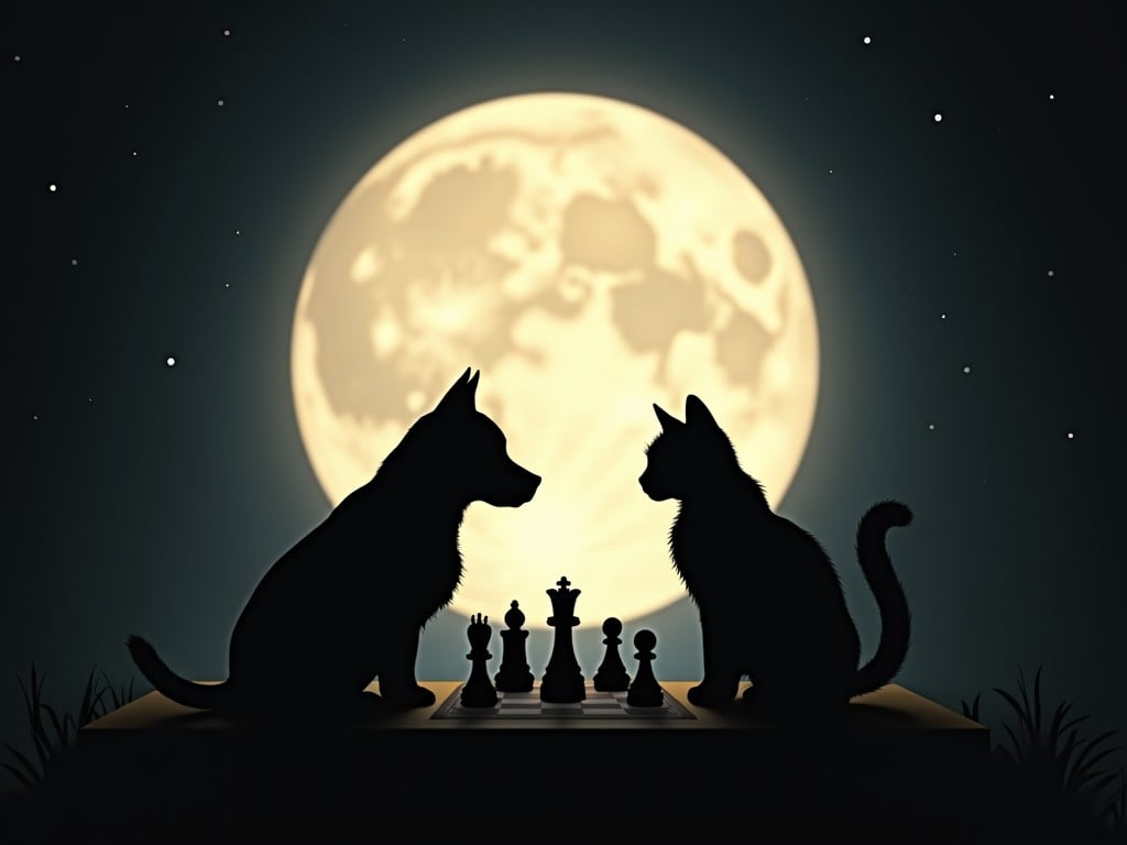 A night scene featuring a silhouette of a dog and a cat engaged in a chess game. The moon is large and bright in the background, casting a glow over the chessboard. The dog and cat appear focused and contemplative, suggesting a friendly rivalry. Grass surrounds the chess table, adding to the outdoor atmosphere. Stars twinkle in the night sky, enhancing the magical feeling of the moment.