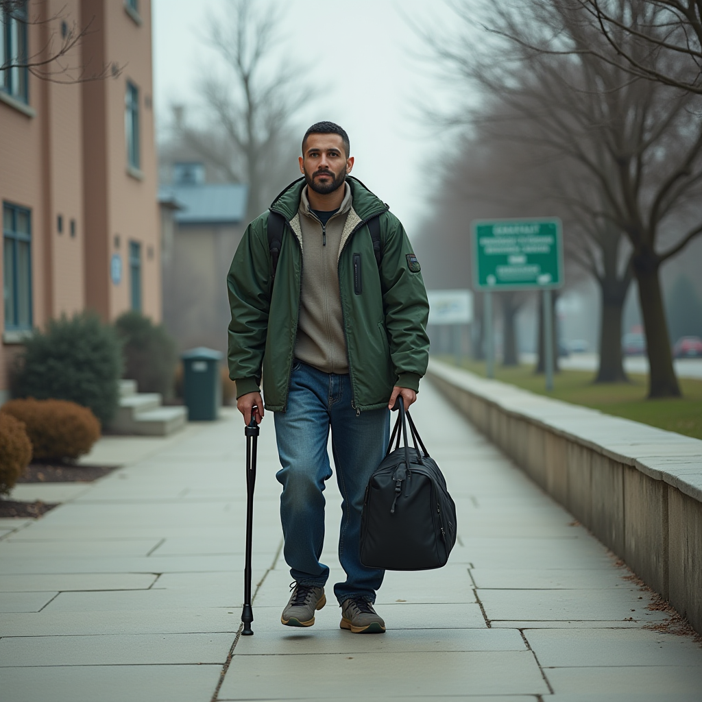 A man in a green jacket walks on a foggy sidewalk, using a cane and carrying a black bag, with bare trees and a building lining the street.