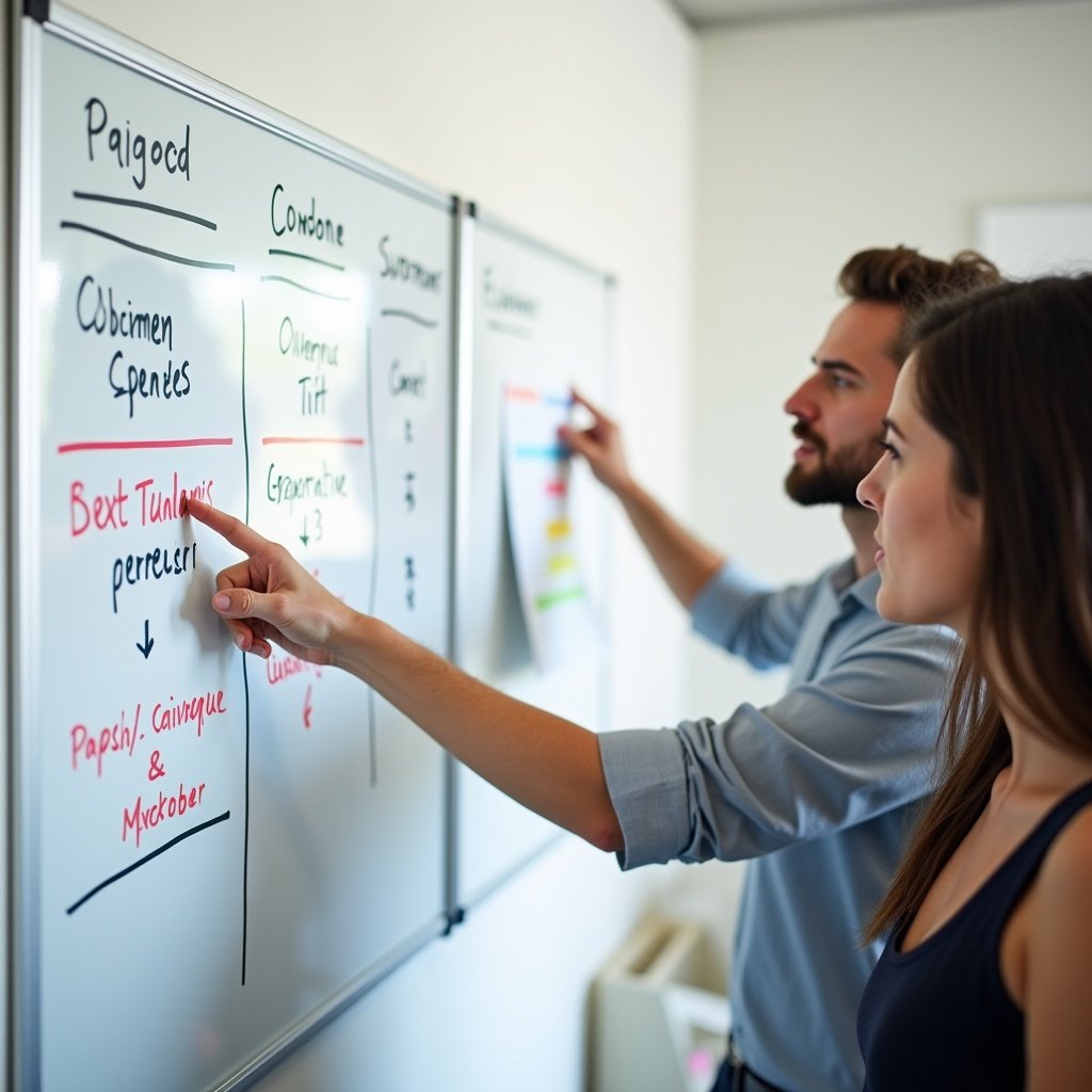 Two people collaborating on a whiteboard in a business setting, discussing strategies.