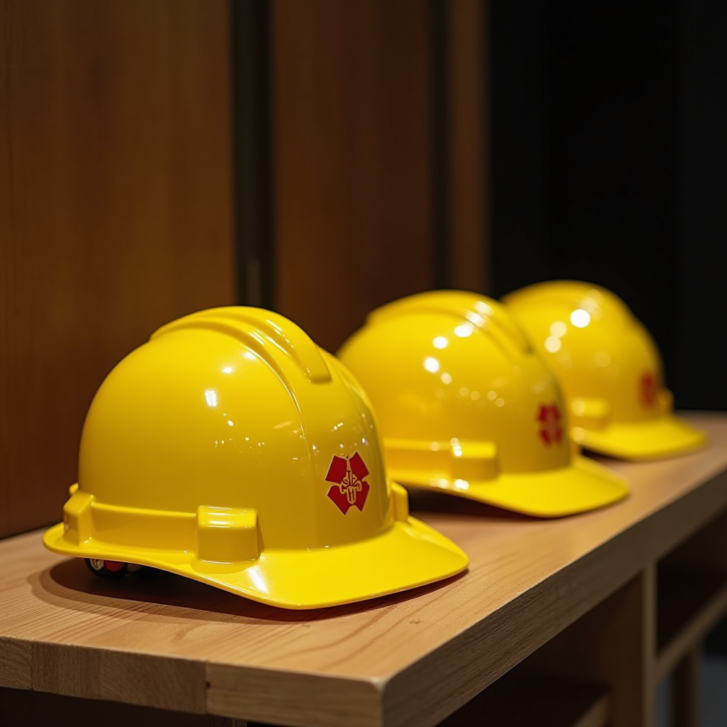 Three bright yellow construction helmets lined up neatly on a wooden shelf, each displaying a distinctive red logo.