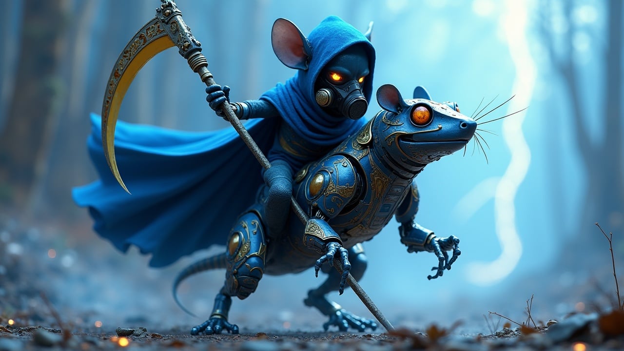 A stylized mouse in armor riding a mechanical rat through a misty forest, wielding a scythe.