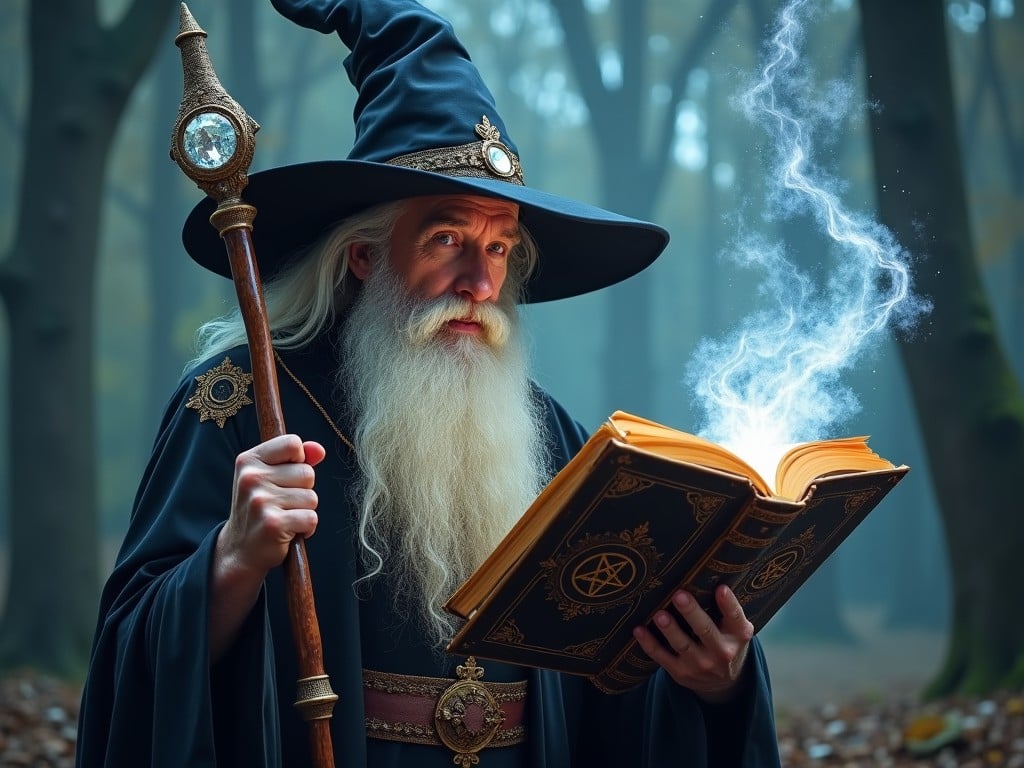 A wise wizard with a long white beard and a magical staff, reading an ancient spellbook in a misty forest. The spellbook emits a mystical glow.