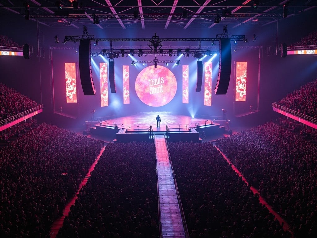 The image captures a live music concert. The stage is brightly lit with blue and red lights, creating an energetic atmosphere. In the background, a large audience can be seen, eagerly watching the performance. The musicians are playing on stage, and the excitement is palpable. The scene is set in a large arena, emphasizing the scale of the event. Overall, it conveys the thrill of live music experiences.