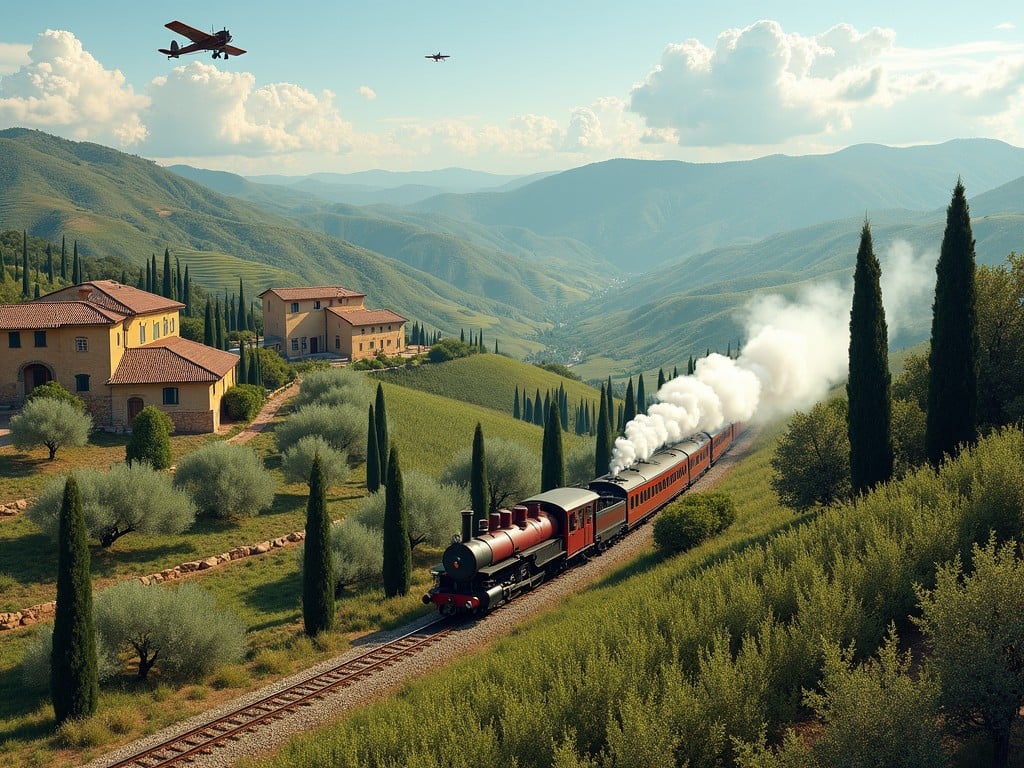 The image depicts a picturesque landscape, featuring rolling hills and lush vineyards. A classic steam train is traveling through the scene, with its smoke billowing into the clear sky. In the air, a biplane flies overhead, contributing to the serene atmosphere. The houses in the valley are rustic, with terracotta roofs and surrounded by olive trees. Towering cypress trees line the pathways, enhancing the charm of this idyllic countryside village.