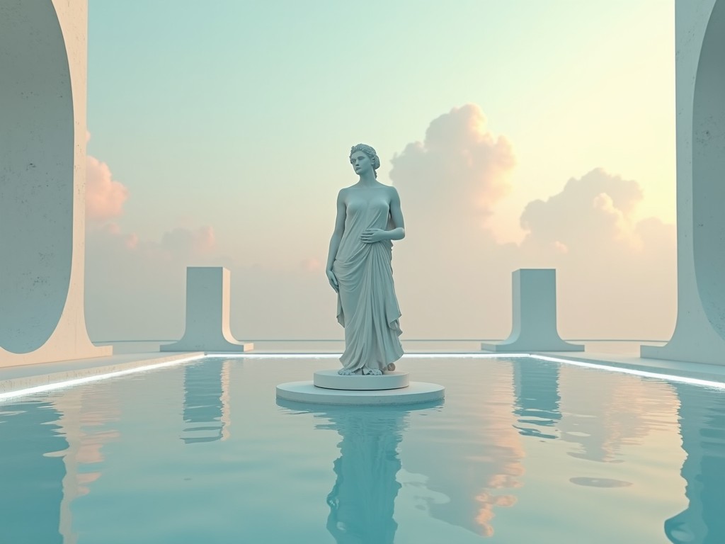 The image showcases a classical marble statue of a woman standing gracefully in a tranquil pool of water. Surrounding the statue are sleek white architectural elements that create a modern yet serene atmosphere. The water reflects the soft pastel colors of the sky, hinting at a sunset or sunrise. This scene evokes a sense of peace and elegance. It is a perfect blend of traditional art and contemporary design, inviting viewers to contemplate beauty and tranquility.