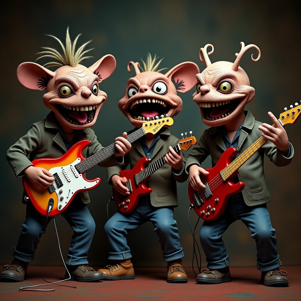 This image features three quirky monster puppets performing as a rock band. One puppet is energetically playing an electric guitar, while a second puppet plays bass guitar alongside a keyboard for depth. The third puppet is enthusiastically banging on a drum set. Their exaggerated facial expressions blend humor and a hint of scariness, enhancing their unique personalities. The setting has an animated style with vibrant colors, focusing on the dynamic energy of the performance, showcasing the fun in music and puppetry.