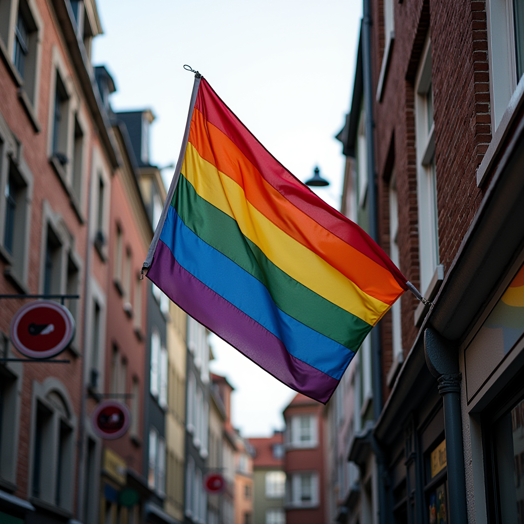 A vibrant rainbow flag hangs proudly in a narrow city street.