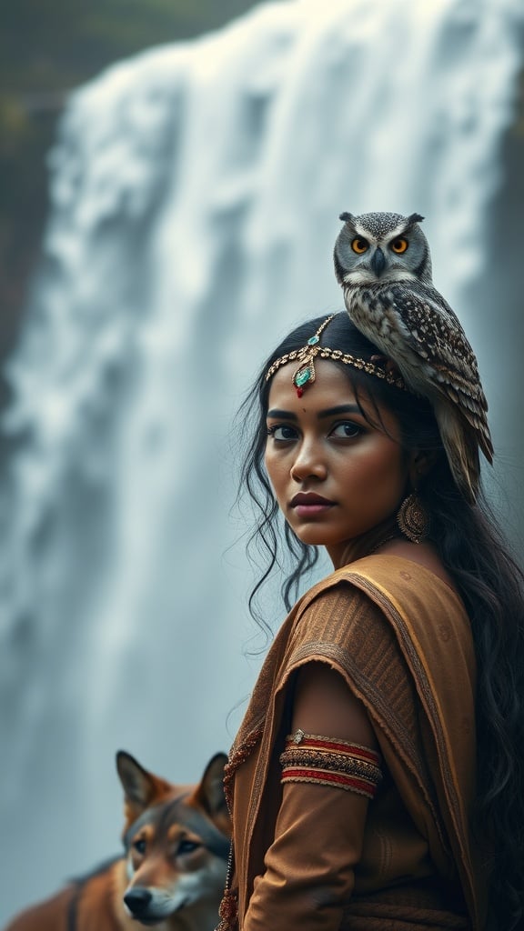 A woman adorned in traditional attire stands by a waterfall with an owl on her head and a dog by her side.