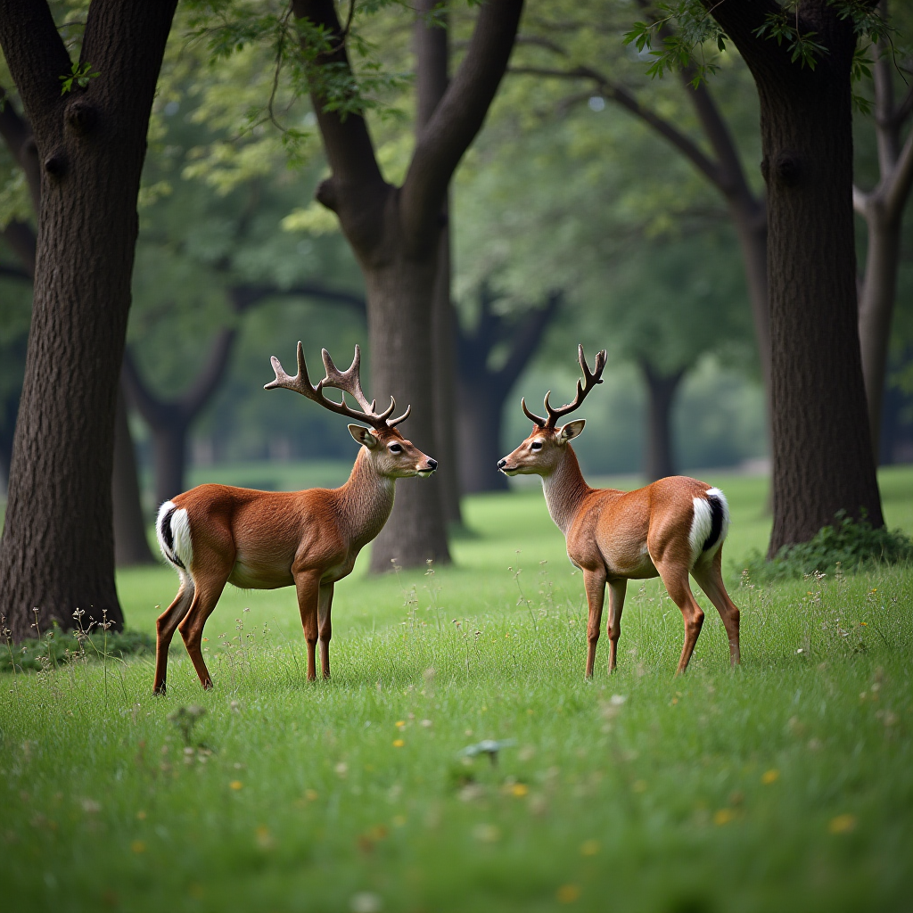 Two deer with antlers stand facing each other in a lush forest clearing.