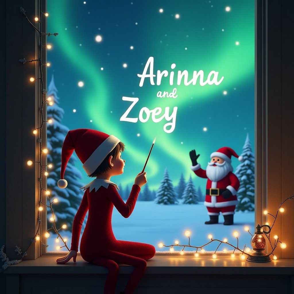 An enchanting illustration featuring an elf on the shelf. The elf has its back to the viewer, gazing at the sky while using a wand to write 'Arianna and Zoey' among the magical northern lights. The setting is a cozy room adorned with twinkling lights, captured through a window. In the background, Santa Claus waves cheerfully in a snowy landscape. The atmosphere is festive and magical, perfect for the Christmas season.