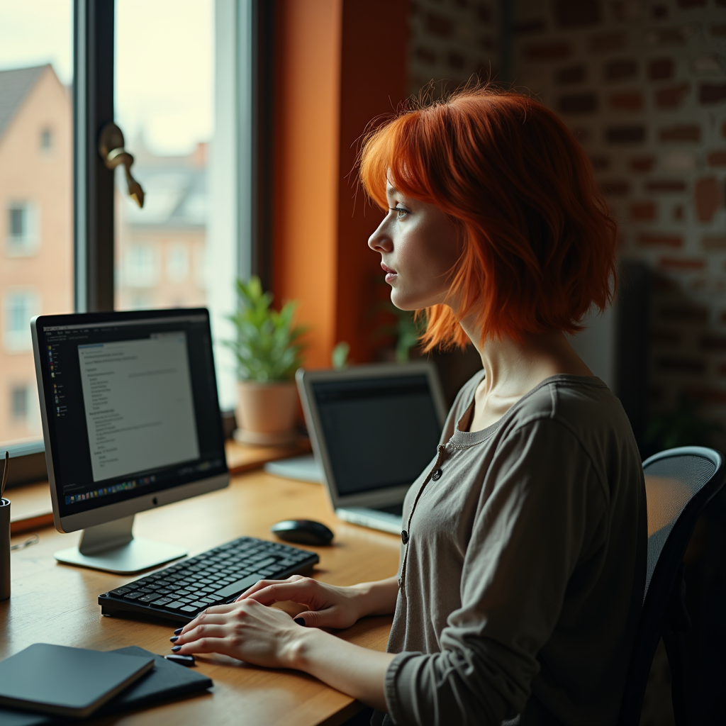 A person with vibrant red hair works at a desk cluttered with technology, looking thoughtfully out a sunlit window.