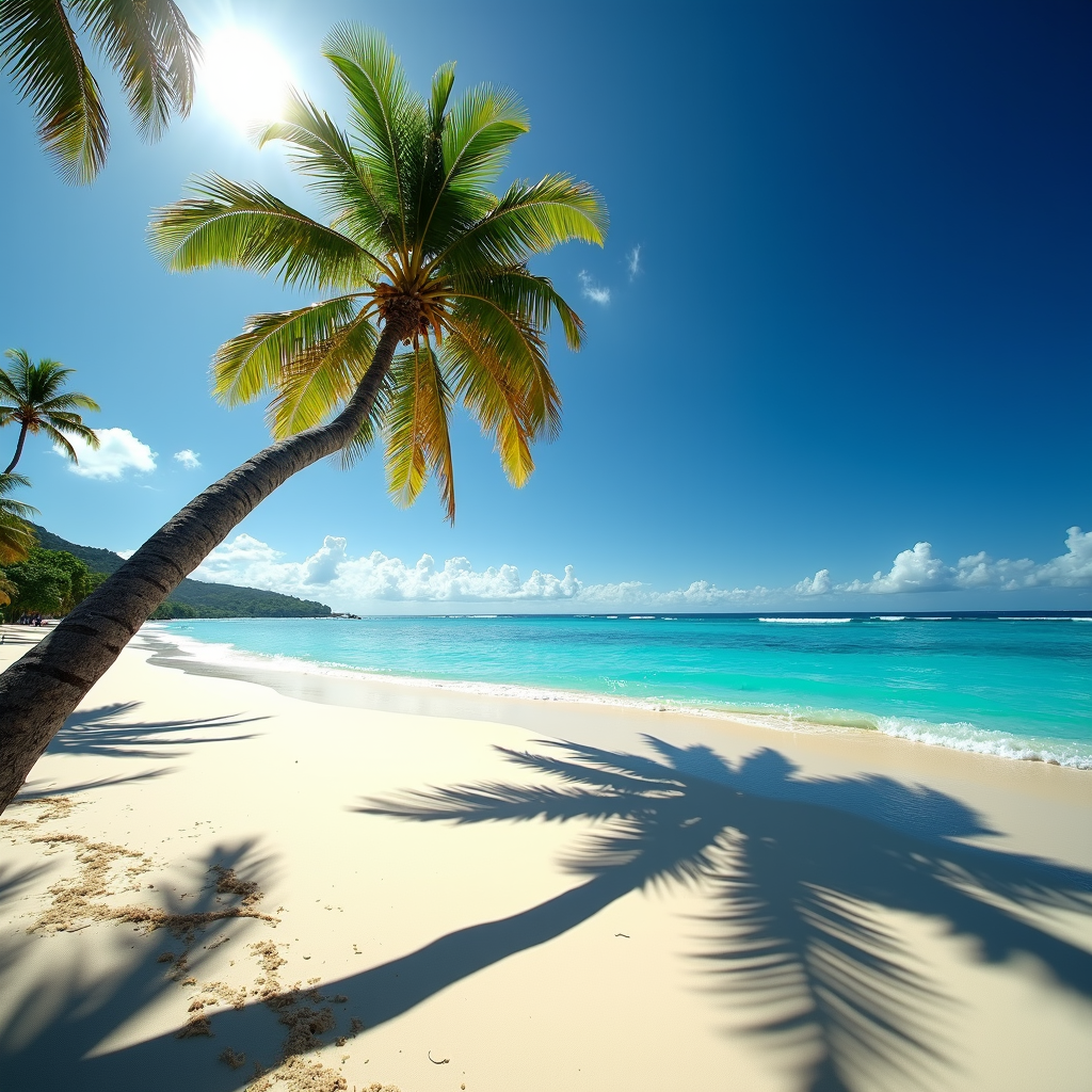 A serene tropical beach with a gently curving palm tree casting a shadow on pristine white sand, set against the backdrop of turquoise sea and a cloud-speckled blue sky.