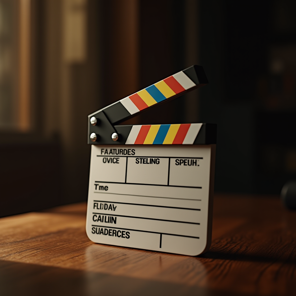 A close-up of a film clapperboard with vibrant colored stripes on a wooden surface.