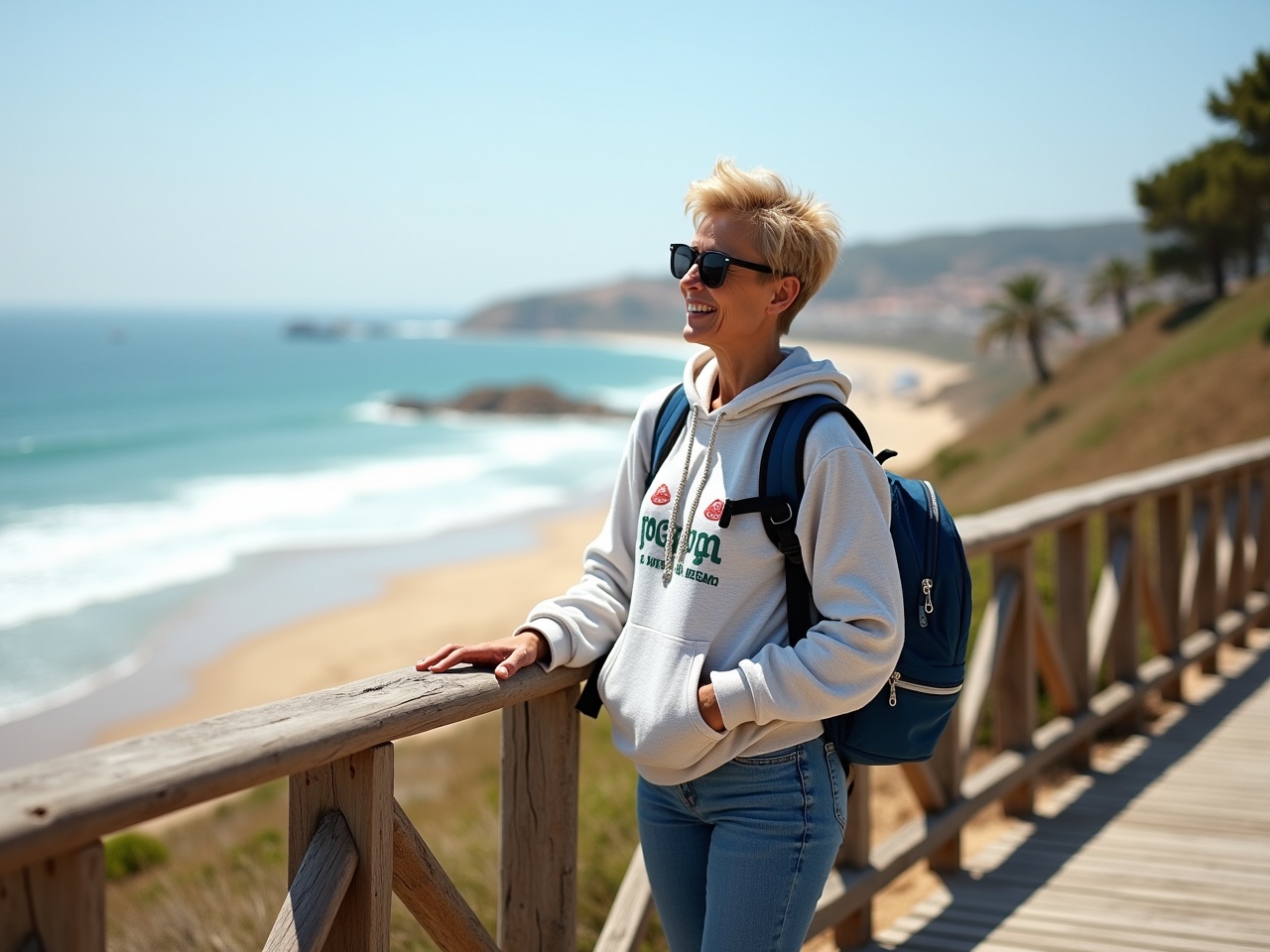 A confident woman stands on a wooden walkway overlooking the beautiful Atlantic coast of Barbate, Cadiz. She wears stylish sunglasses and a cozy hooded sweater, paired with skinny jeans and trendy ankle boots. Her blue backpack rests against the railing, suggesting a casual yet adventurous spirit. The stunning ocean, sandy dunes, and distant fishing port are visible in the background, evoking a sense of freedom and joy. The scene captures a harmonious connection with nature, reminiscent of the work of Impressionist artist Eva Gonzalès.