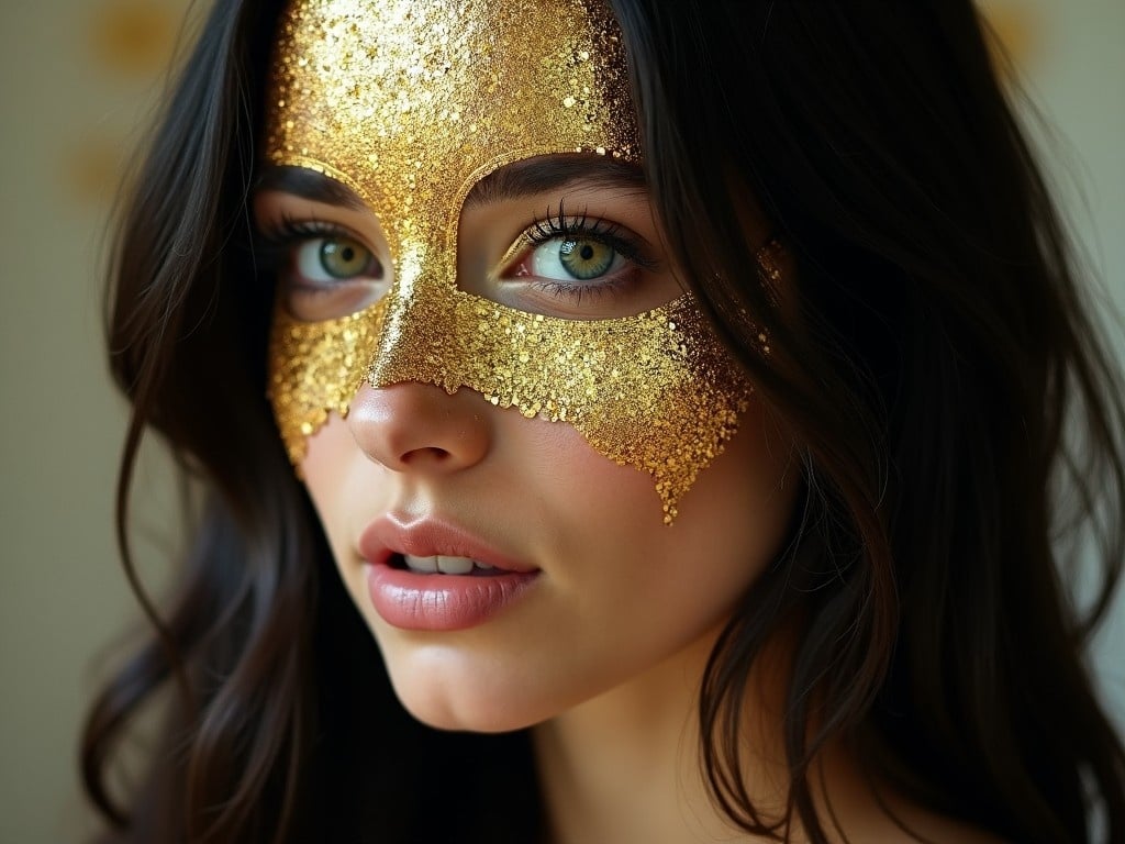 A photorealistic image of a young woman with long, dark hair. Her face is covered in gold glitter, creating a stunning and ethereal look. The glitter is applied in a delicate pattern, resembling intricate lace or a golden mask. Her eyes are large and expressive, with a hint of green in the irises. Her lips are full and slightly parted, as if she is about to speak. The lighting is soft and diffused, highlighting the golden glitter and the woman's natural beauty. The overall mood is one of elegance, mystery, and allure.