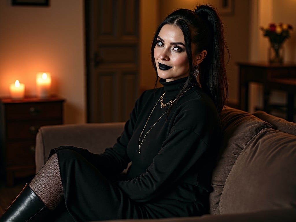 A person with gothic makeup seated on a sofa in a warmly lit room with candles and elegant decor.