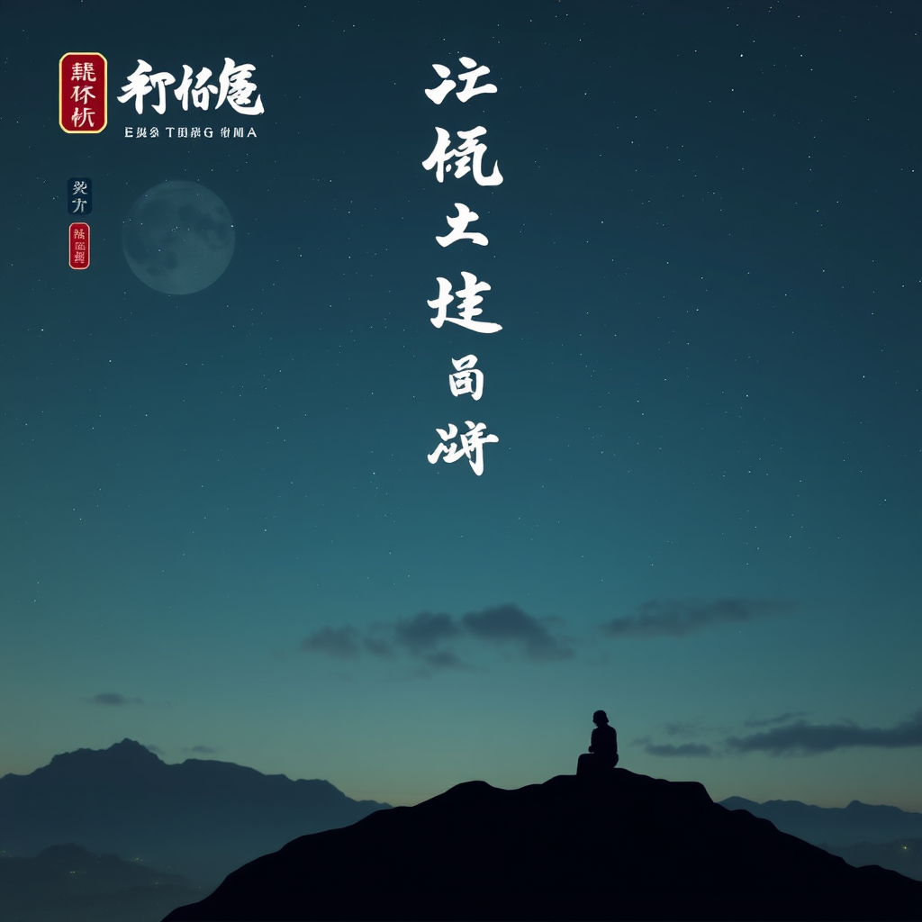 A person sits on a hill with a starry sky and moon in the background.