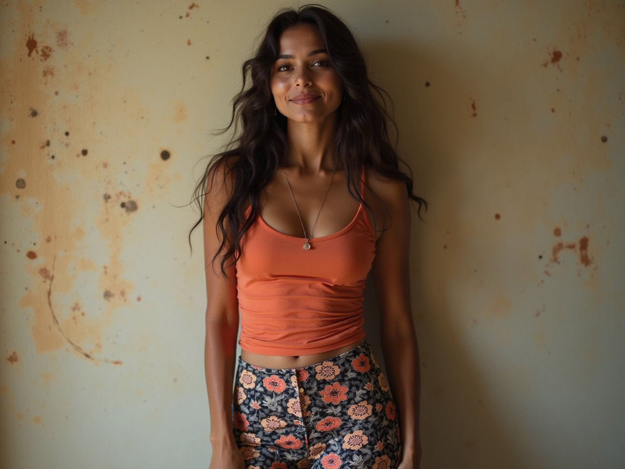 The image features an Indian woman standing confidently against a textured wall. She is wearing a fitted, peach-colored top paired with floral leggings. The woman has long, wavy hair and wears a subtle smile, suggesting a warm and approachable personality. The background is slightly rustic, adding character to the image. The overall vibe is casual and stylish, making it suitable for fashion-related content.