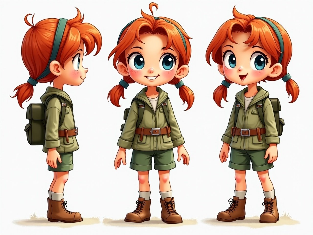 This image features a cute cartoon character of a young adventurous girl depicted from three different angles. She has red hair styled in pigtails, large expressive blue eyes, and is wearing a green explorer's outfit complete with shorts and sturdy boots. Her cheerful demeanor adds a sense of excitement and wonder, possibly illustrating the theme of exploration and curiosity.