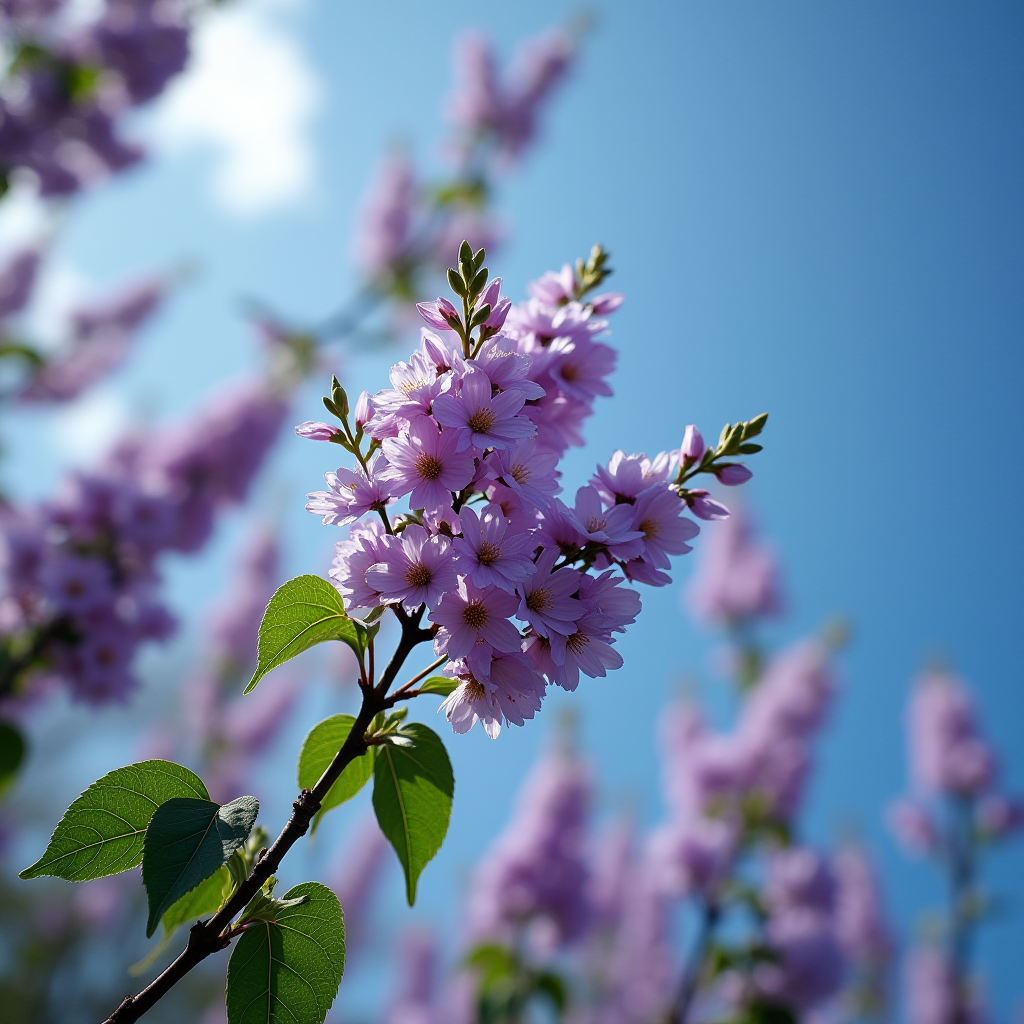 A branch with beautiful purple flowers and green leaves stands out against a bright blue sky.