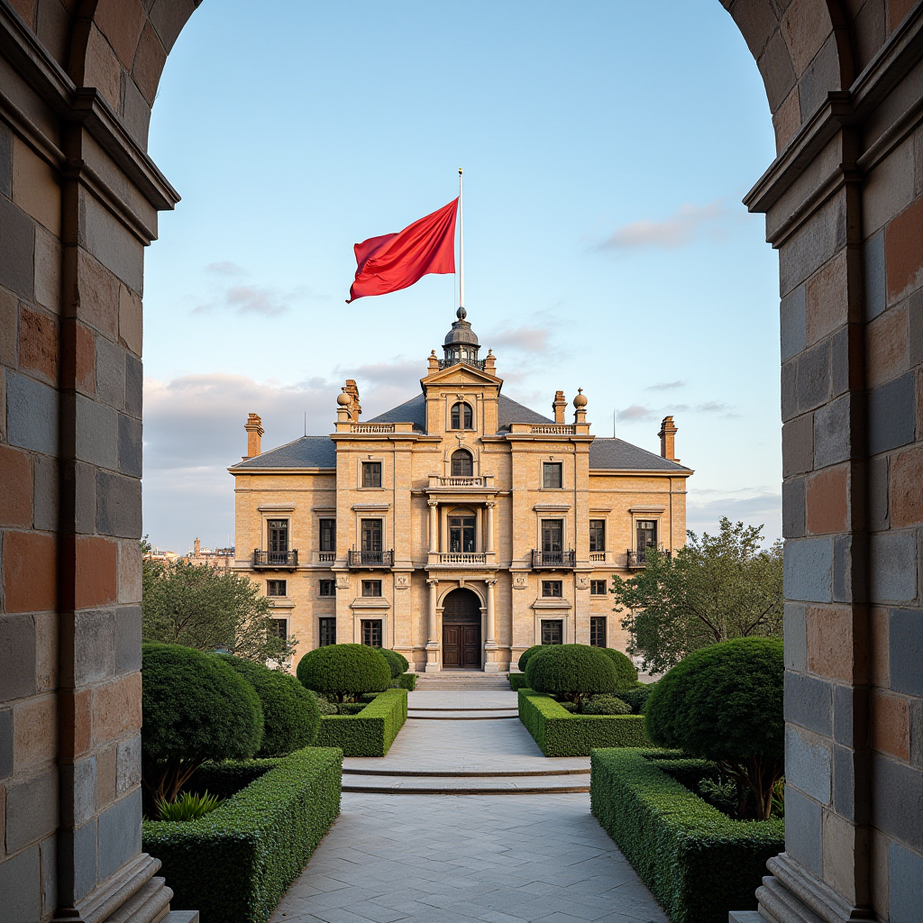 A grand historic building with a red flag on top, framed by archways and a manicured garden.