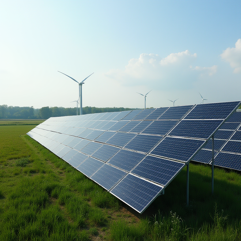 An array of solar panels and wind turbines in a green field under a clear blue sky.