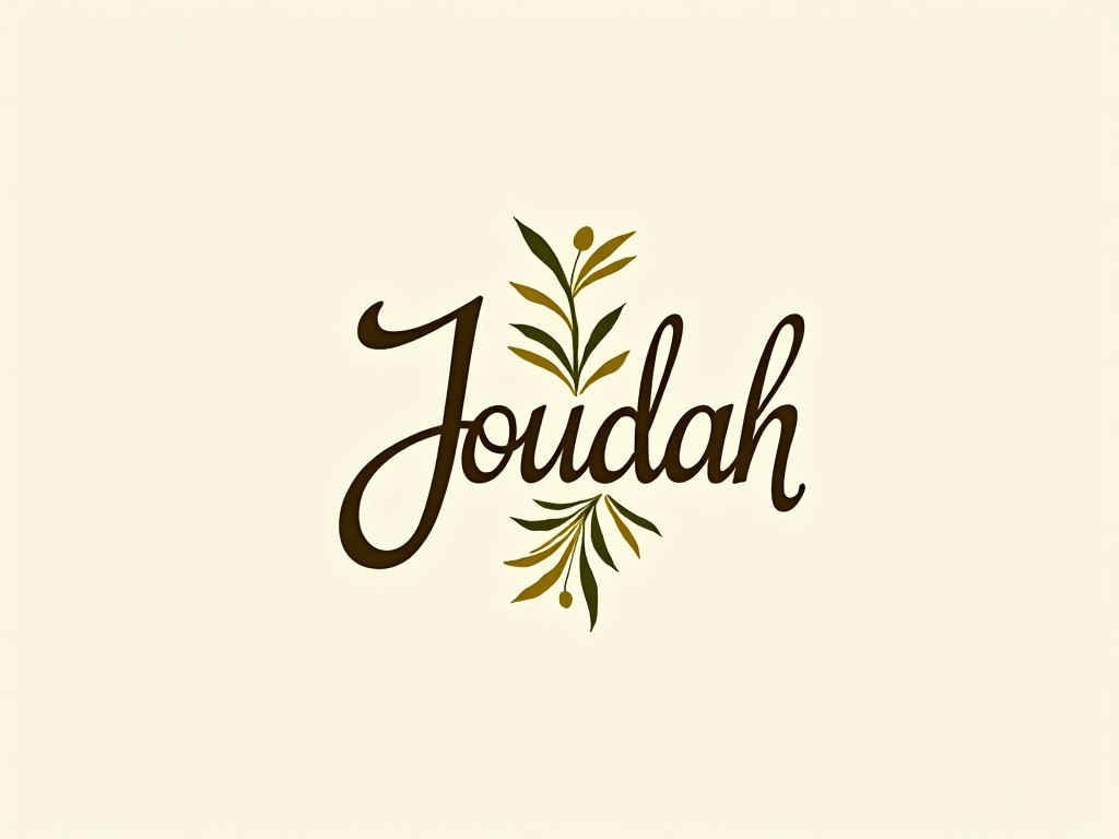 The image features the word 'Joudah' written in an elegant, flowing script. Surrounding the text are delicate leaf motifs, adding a touch of nature to the design. The color palette is simple but rich, using dark browns and greens against a light beige background. The overall feel of the image is minimalist yet sophisticated. This logo suggests a connection to the natural world and elegance, making it suitable for brands related to food, art, or lifestyle.