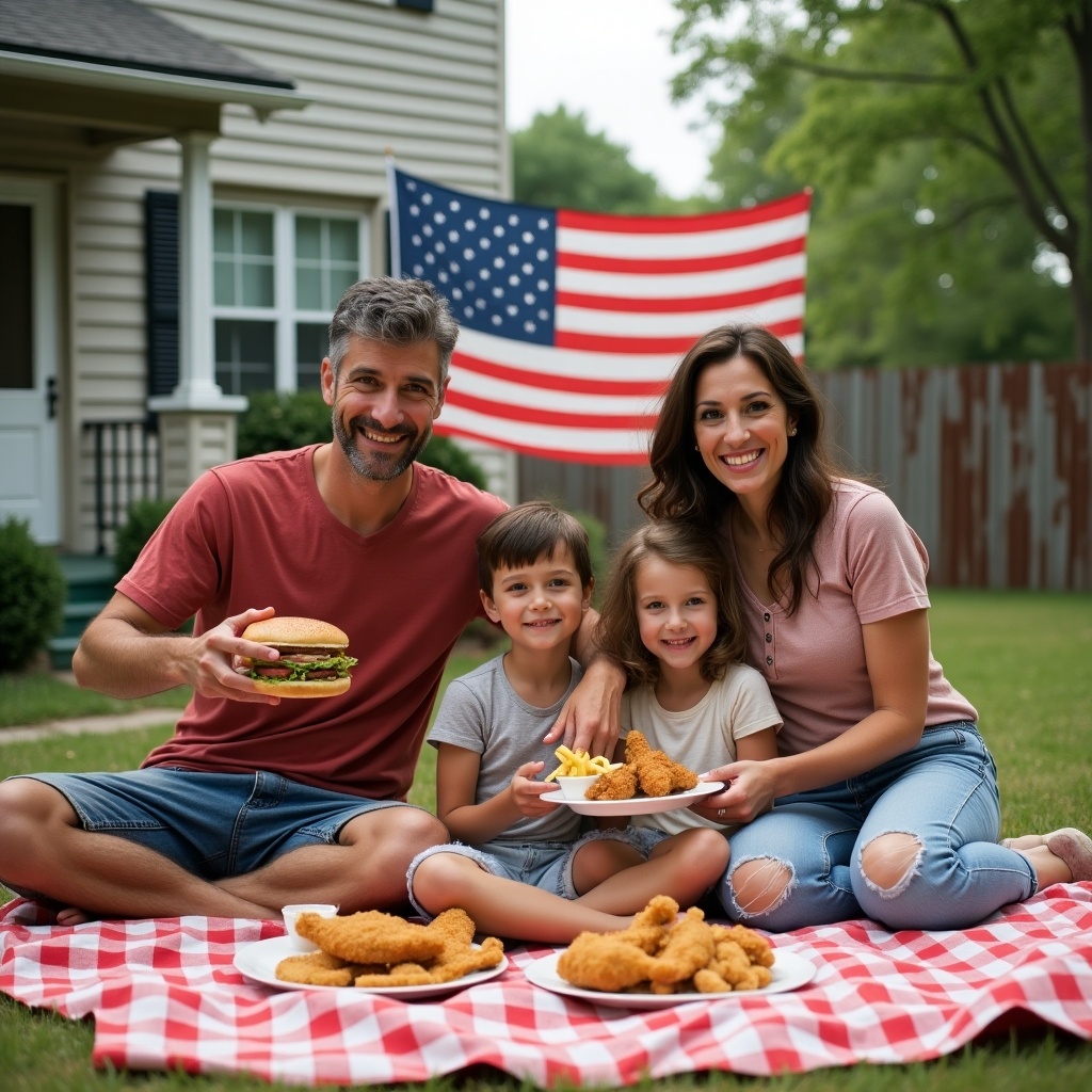 An American family is enjoying a picnic in their backyard on a sunny day. They are sitting on a checkered blanket, surrounded by various fast food items like fried chicken and burgers. The parents, embodying common stereotypes, are smiling with the children who are happily holding their plates. In the background, a large American flag hangs on the fence, emphasizing a sense of patriotism. The setting is casual and inviting, reflecting a comfortable suburban lifestyle. The children showcase excitement while eating, further highlighting the joyful family atmosphere.