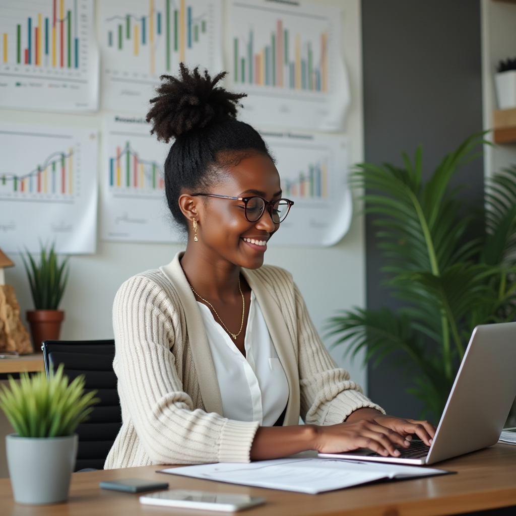 A person with glasses and a cardigan works at a laptop in an office with charts on the wall.