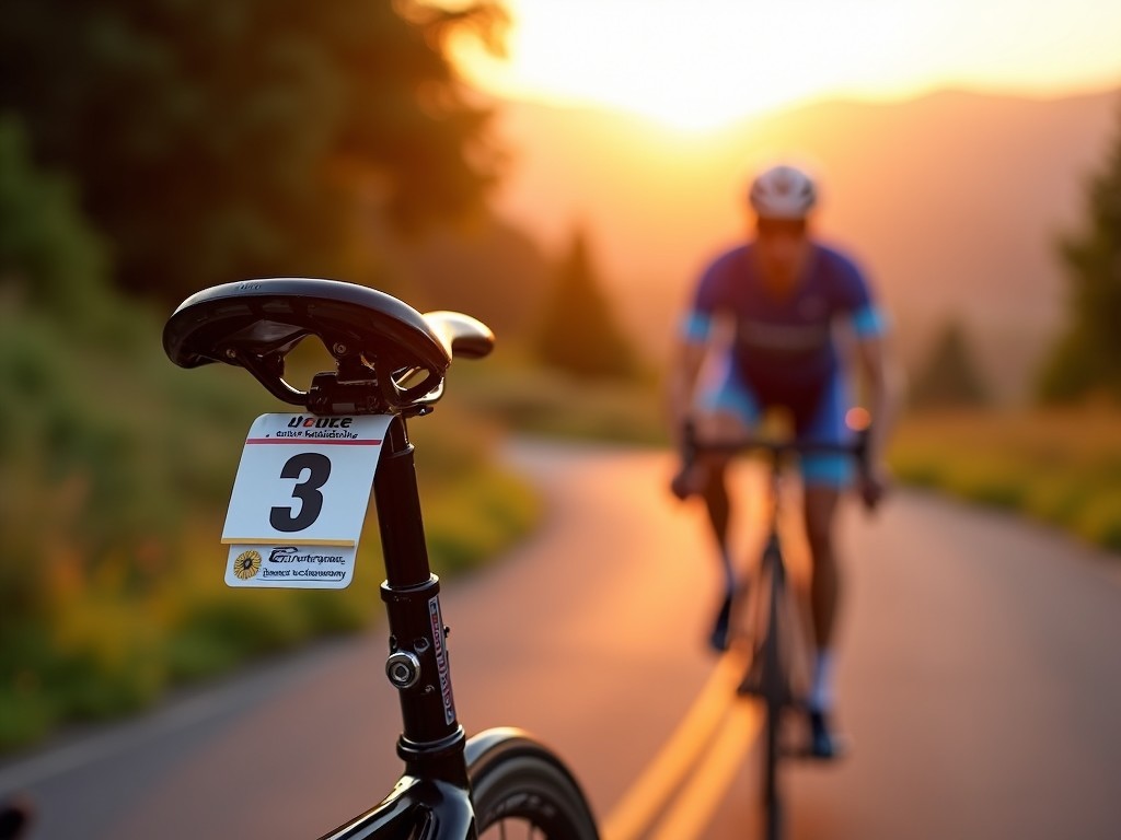 A professional image showcasing a competitor number attached to the seat tube of a bicycle. The number is bold and bright, designed for a cycling championship. The scene captures a beautiful cycling route under the warm light of a sunset. A cyclist can be seen in motion in the background, adding to the competitive atmosphere. The focus remains on the number, highlighting its significance in the event.