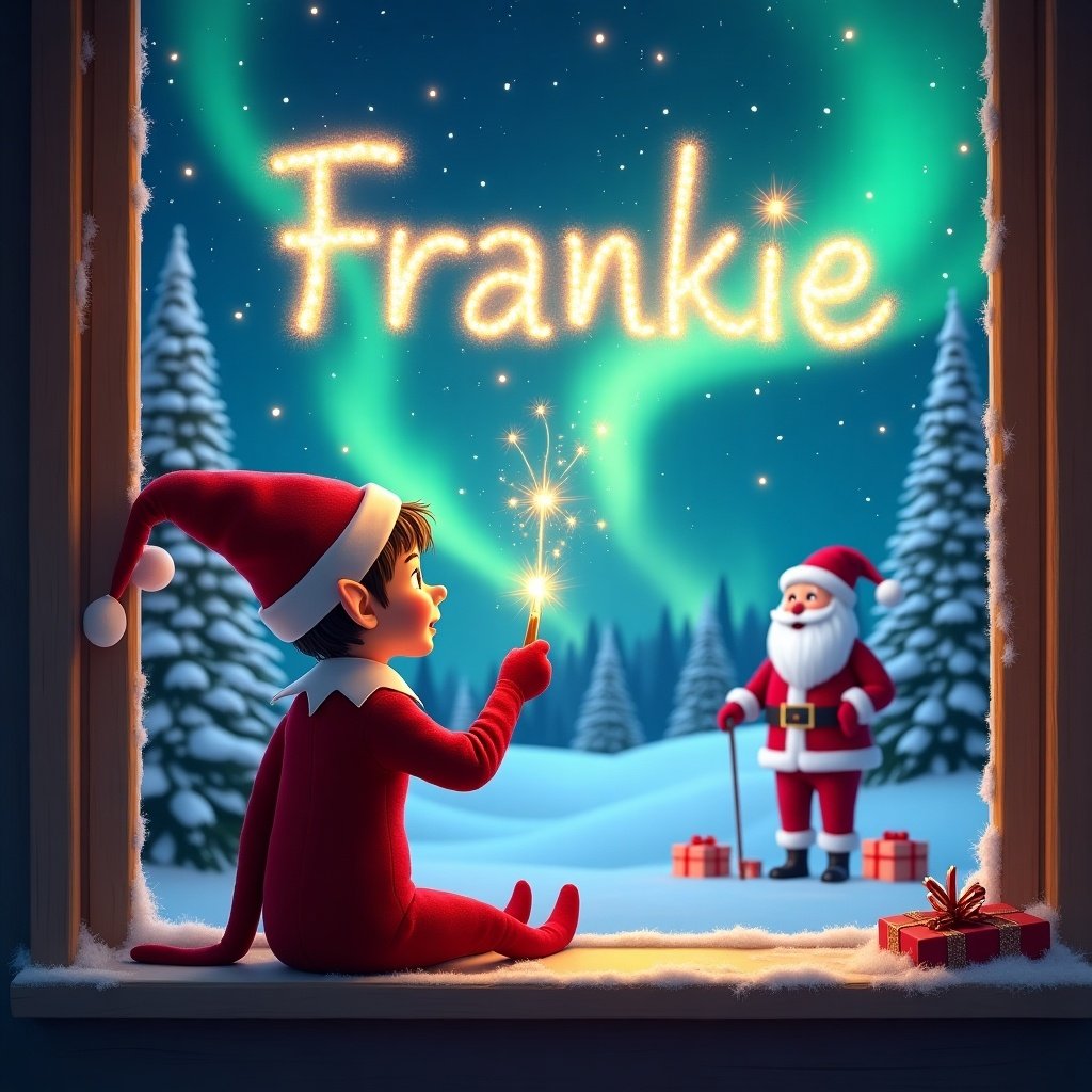 The image portrays a delightful scene of an elf sitting on a window ledge, happily writing 'Frankie' in the sky with a sparkling wand. The elf wears a bright red outfit and pointed hat, exuding holiday cheer. Outside the window, a picturesque winter landscape features snow-covered trees and vibrant northern lights illuminating the night sky. In the distance, Santa Claus stands amidst gifts, enhancing the festive mood of the scene. This enchanting image captures the magic of Christmas and the joy of childhood, inviting onlookers to embrace the holiday spirit.