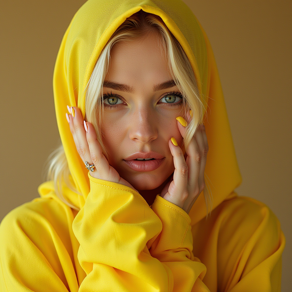 A woman in a yellow hooded outfit with matching nail polish gazes intensely at the camera.