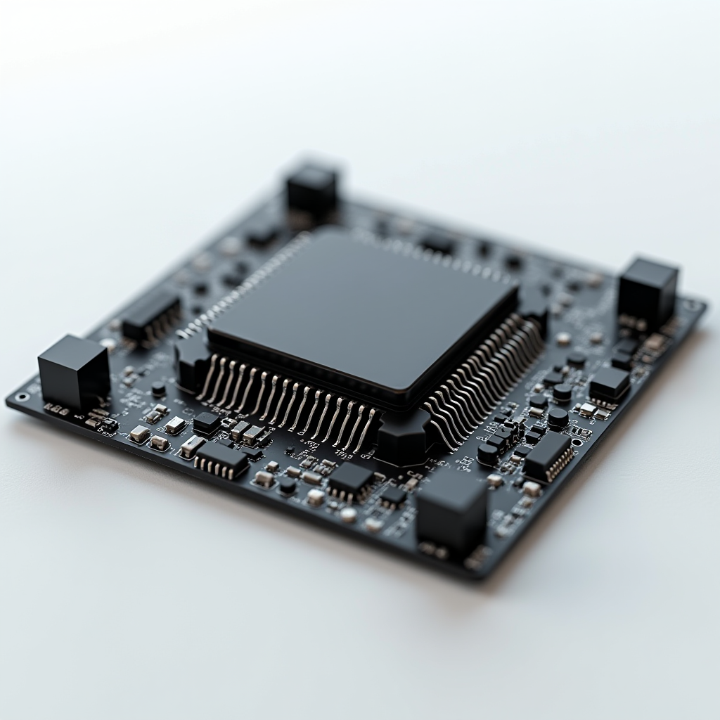 A close-up view of an electronic microchip with detailed components and circuits.