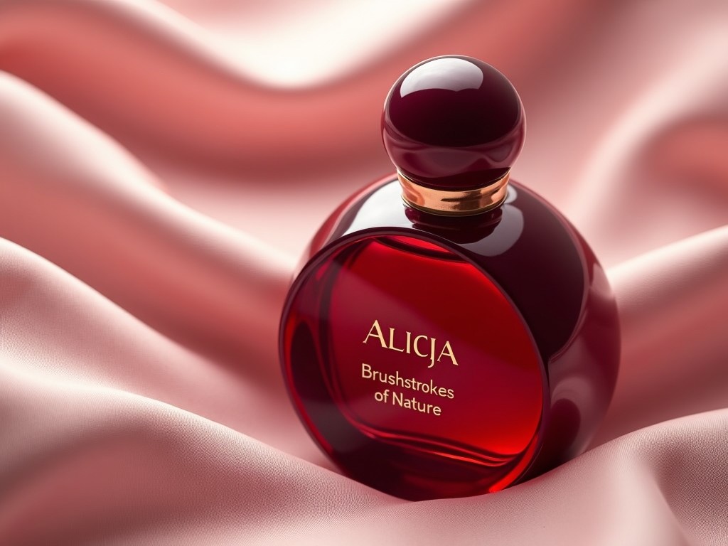 This image features a luxurious perfume bottle named 'Alicja' on a soft, pink fabric background. The bottle has a deep red color and classic design with a round topper. The label reads 'Brushstrokes of Nature', hinting at natural ingredients. Soft and diffused lighting highlights the contours of the bottle elegantly. The overall composition radiates sophistication, making it ideal for high-end fragrance marketing.