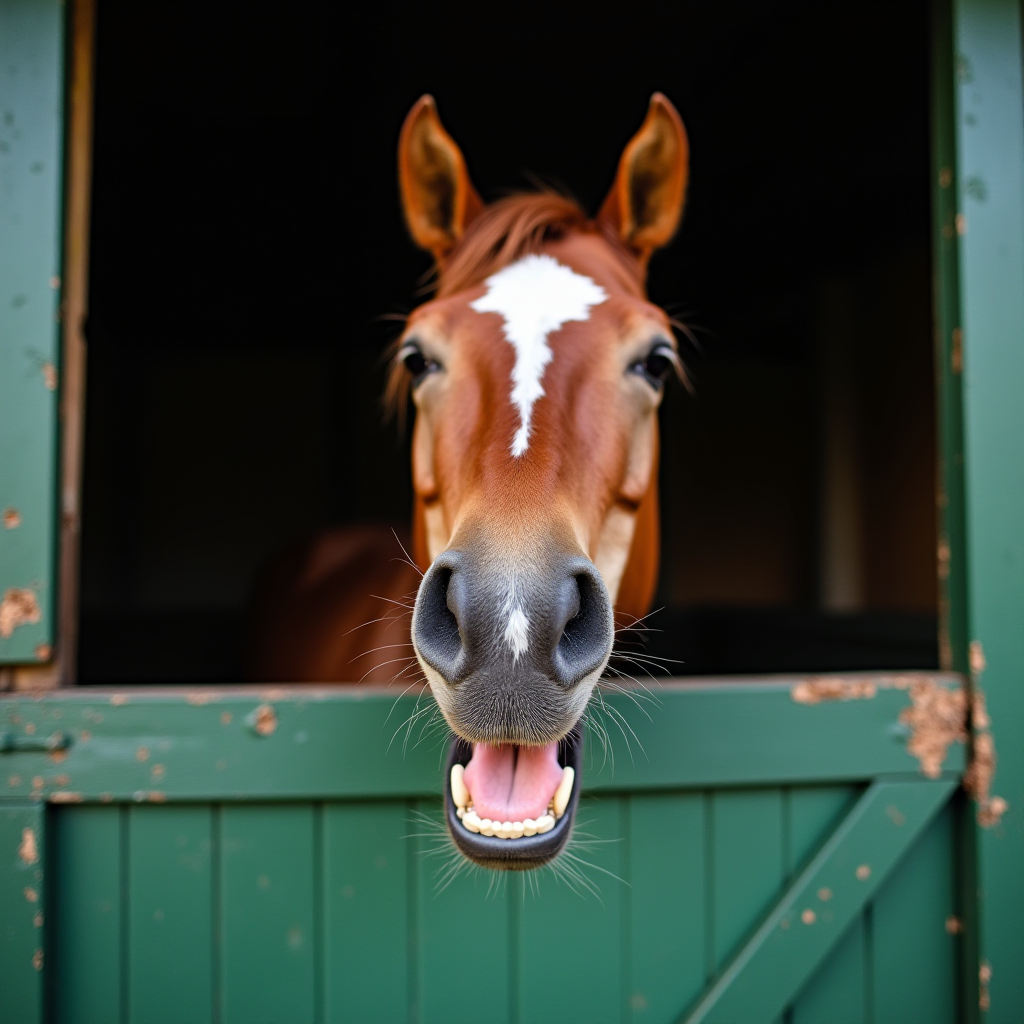 In this image, a horse is peeking out of a stable door, appearing to smile or make a funny face. The stable door is a weathered green, with visible signs of wear, adding a rustic charm. The horse has a rich brown coat with a prominent white blaze running down its forehead, giving it a distinct look. Its ears are perked up, expressing attentiveness or curiosity.