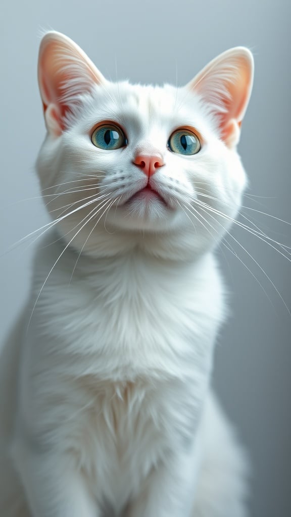 A white cat with striking blue eyes gazing upward.